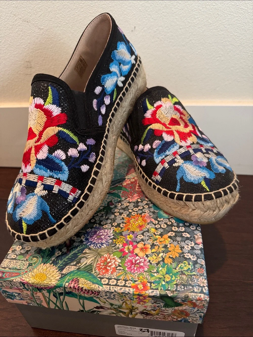 Johnny Was Black Floral Embroidered Espadrille Flats